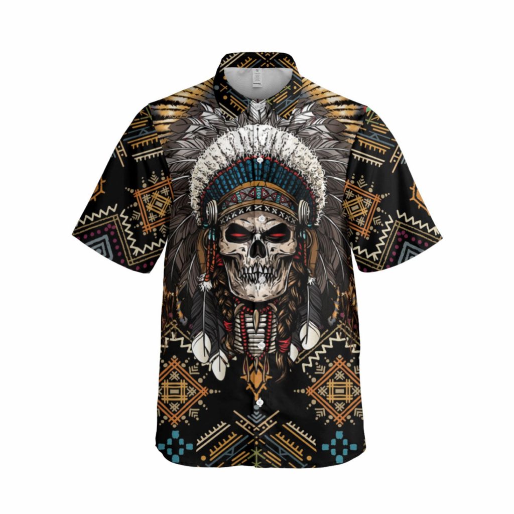 Godoprint Native American Indian Chief Skull Men’S Hawaiian Shirt, Native American Button Up Shirts For Men