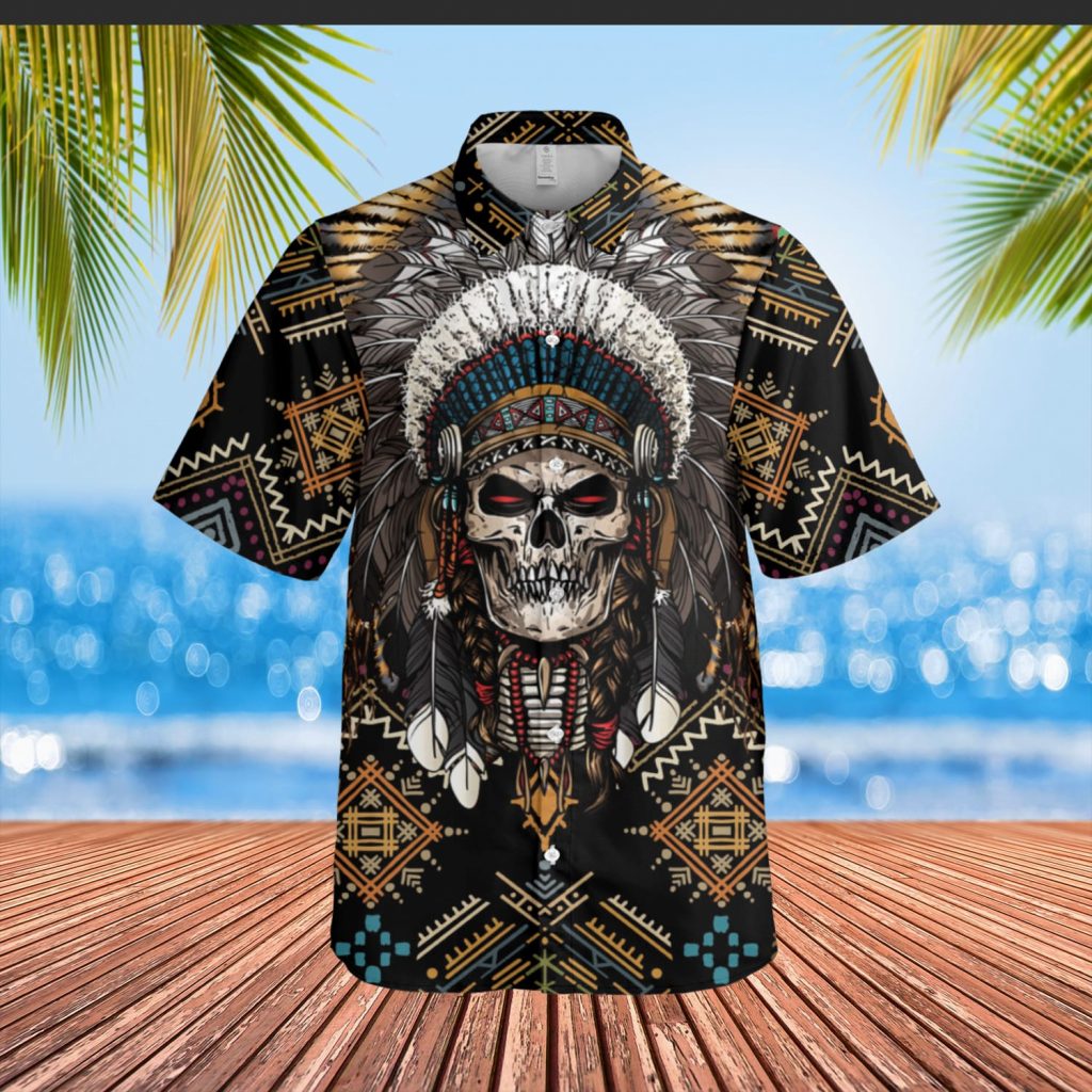 Godoprint Native American Indian Chief Skull Men’S Hawaiian Shirt, Native American Button Up Shirts For Men