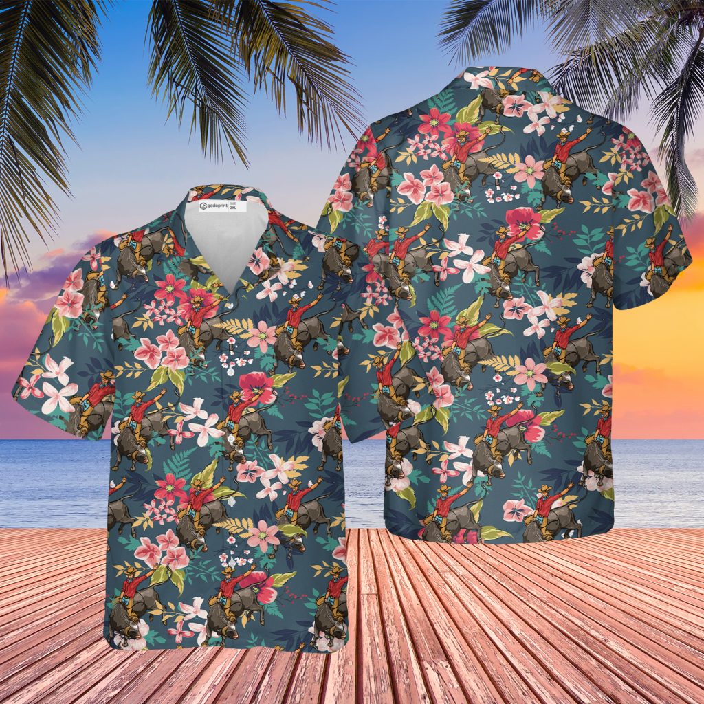 Godoprint Bull Riding Hawaiian Shirt, Bull Rider Shirts For Men, Short Sleeves Button Down Summer Beach Dress Shirts