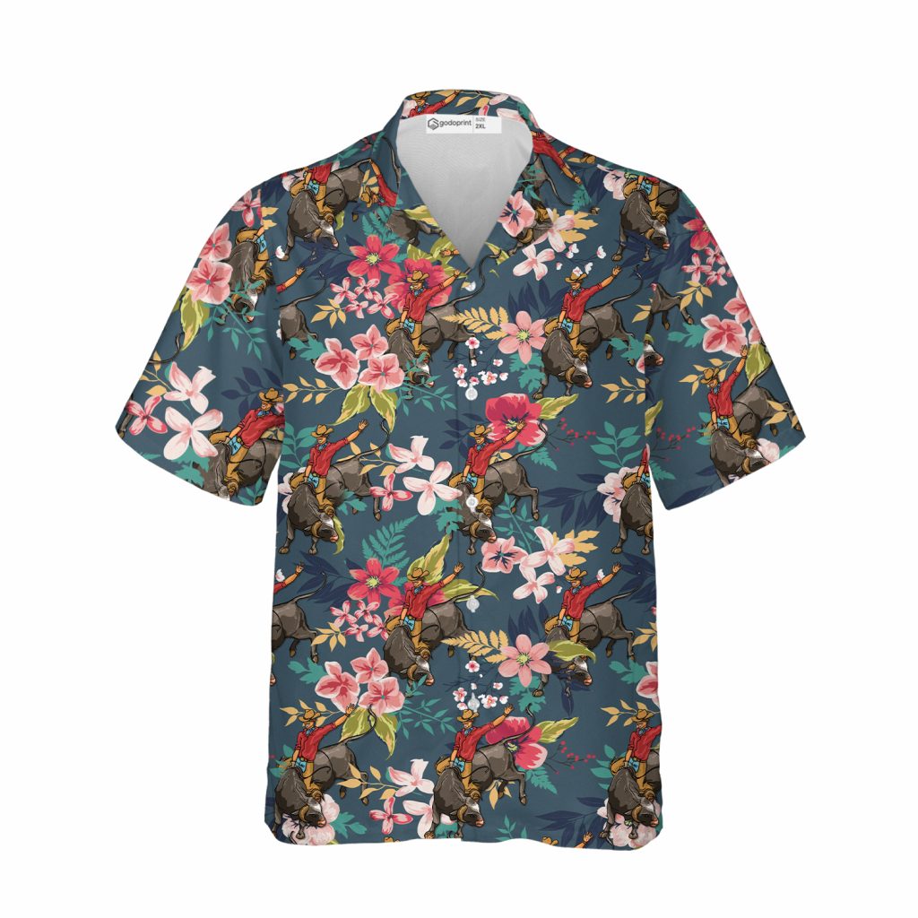 Godoprint Bull Riding Hawaiian Shirt, Bull Rider Shirts For Men, Short Sleeves Button Down Summer Beach Dress Shirts