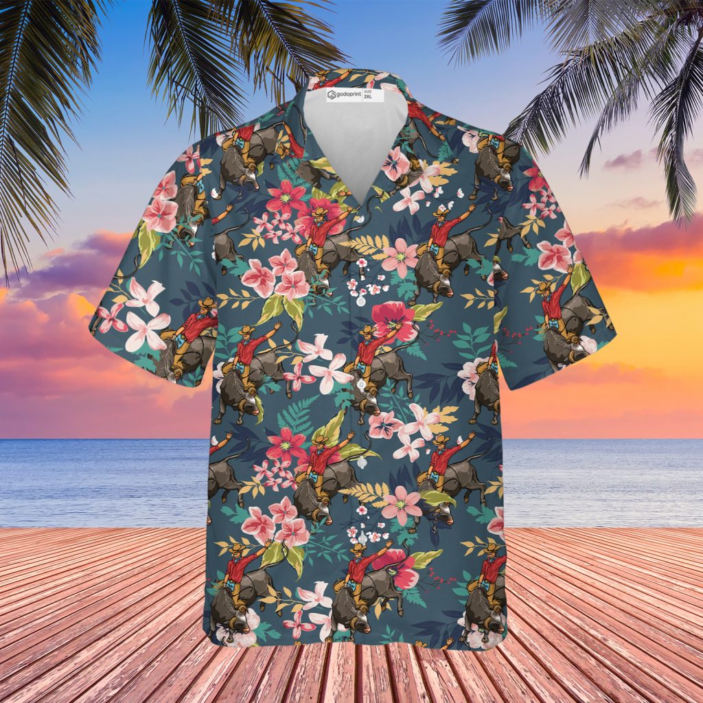 Godoprint Bull Riding Hawaiian Shirt, Bull Rider Shirts For Men, Short Sleeves Button Down Summer Beach Dress Shirts