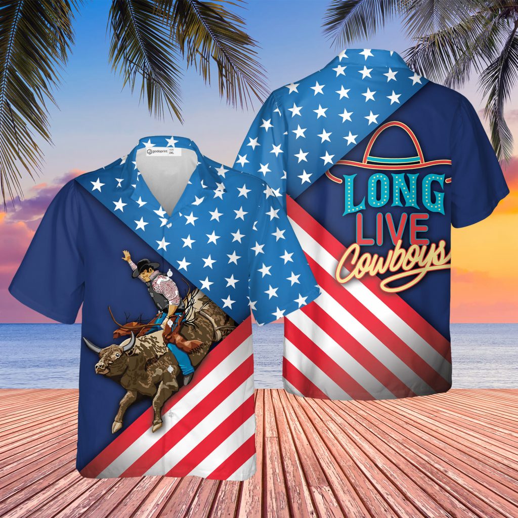 Godoprint Long Live Cowboy Shirts, American Bull Riding Hawaiian Shirt, Casual Button Down Short Sleeve T-Shirt Suits