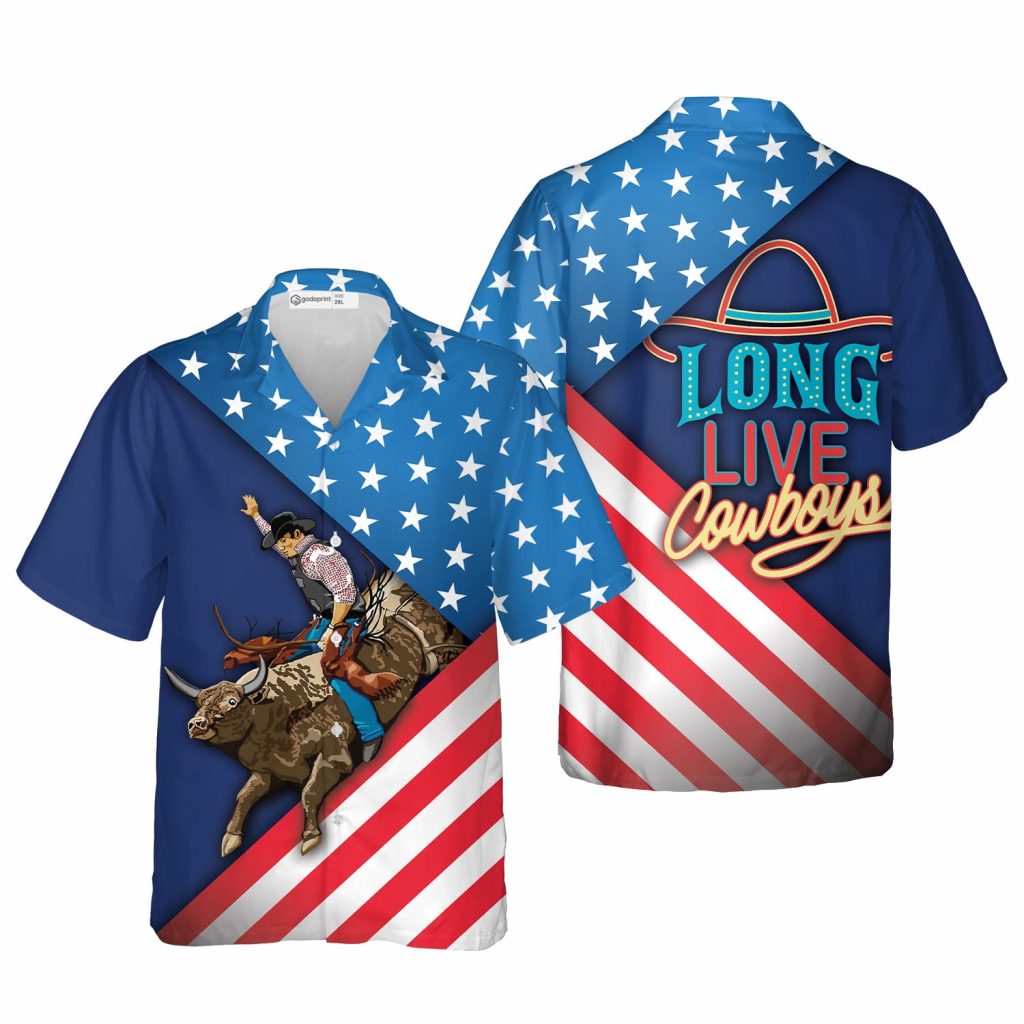 Godoprint Long Live Cowboy Shirts, American Bull Riding Hawaiian Shirt, Casual Button Down Short Sleeve T-Shirt Suits