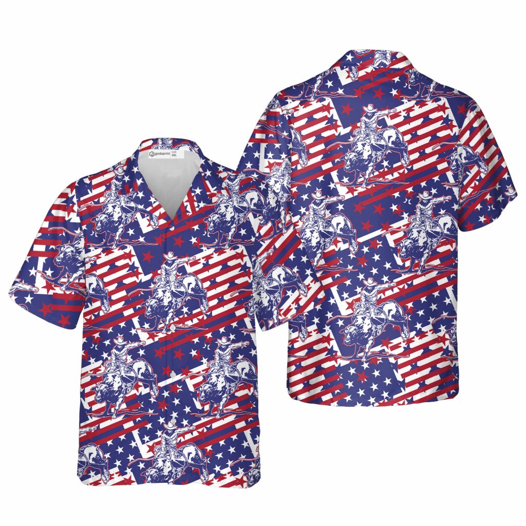 Godoprint Rodeo Bull Rider Patriotic American Flag Hawaiian Shirt , Cowboys Button Down Summer Beach Dress Shirts