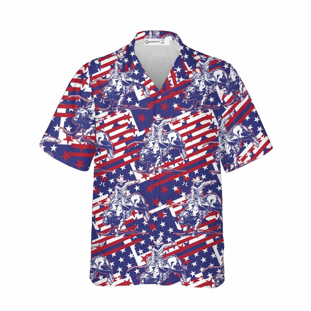 Godoprint Rodeo Bull Rider Patriotic American Flag Hawaiian Shirt , Cowboys Button Down Summer Beach Dress Shirts
