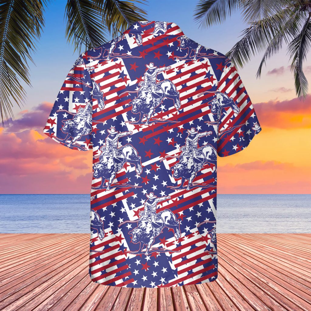 Godoprint Rodeo Bull Rider Patriotic American Flag Hawaiian Shirt , Cowboys Button Down Summer Beach Dress Shirts