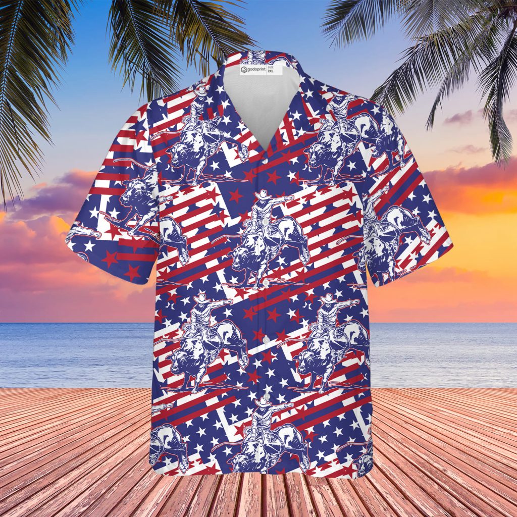 Godoprint Rodeo Bull Rider Patriotic American Flag Hawaiian Shirt , Cowboys Button Down Summer Beach Dress Shirts