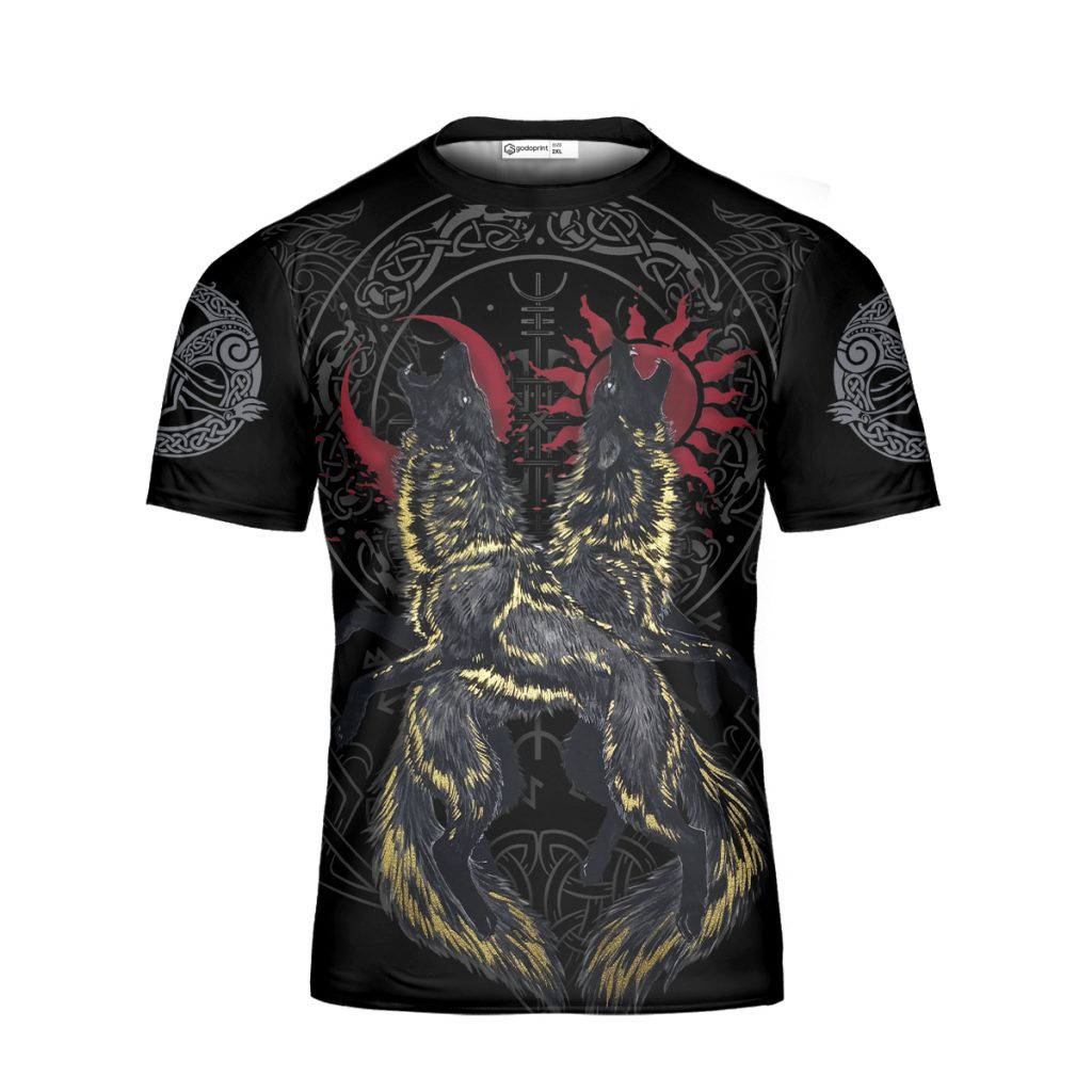Godoprint Viking Wolf Sun And Moon Viking T-Shirt, Vikings Shirt For Men, Viking Gift For Viking Tattoo Wolves Lovers