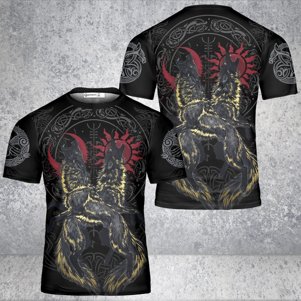 Godoprint Viking Wolf Sun And Moon Viking T-Shirt, Vikings Shirt For Men, Viking Gift For Viking Tattoo Wolves Lovers