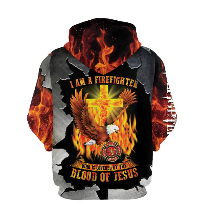 Godoprint Blood Of Jesus Cross Eagle Firefighter Hoodies For Men Fireman Shirt Flame Pride Religious Gift For Christian