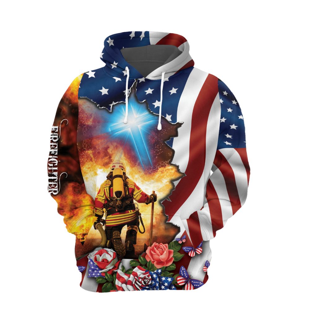 1Godoprint American Flag Jesus Cross Firefighter Hoodie For Men Just Have Faith Patriotic Fireman Shirt Christian Gift