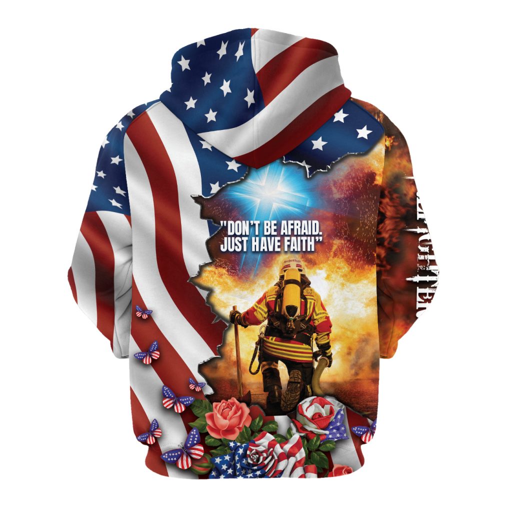 1Godoprint American Flag Jesus Cross Firefighter Hoodie For Men Just Have Faith Patriotic Fireman Shirt Christian Gift