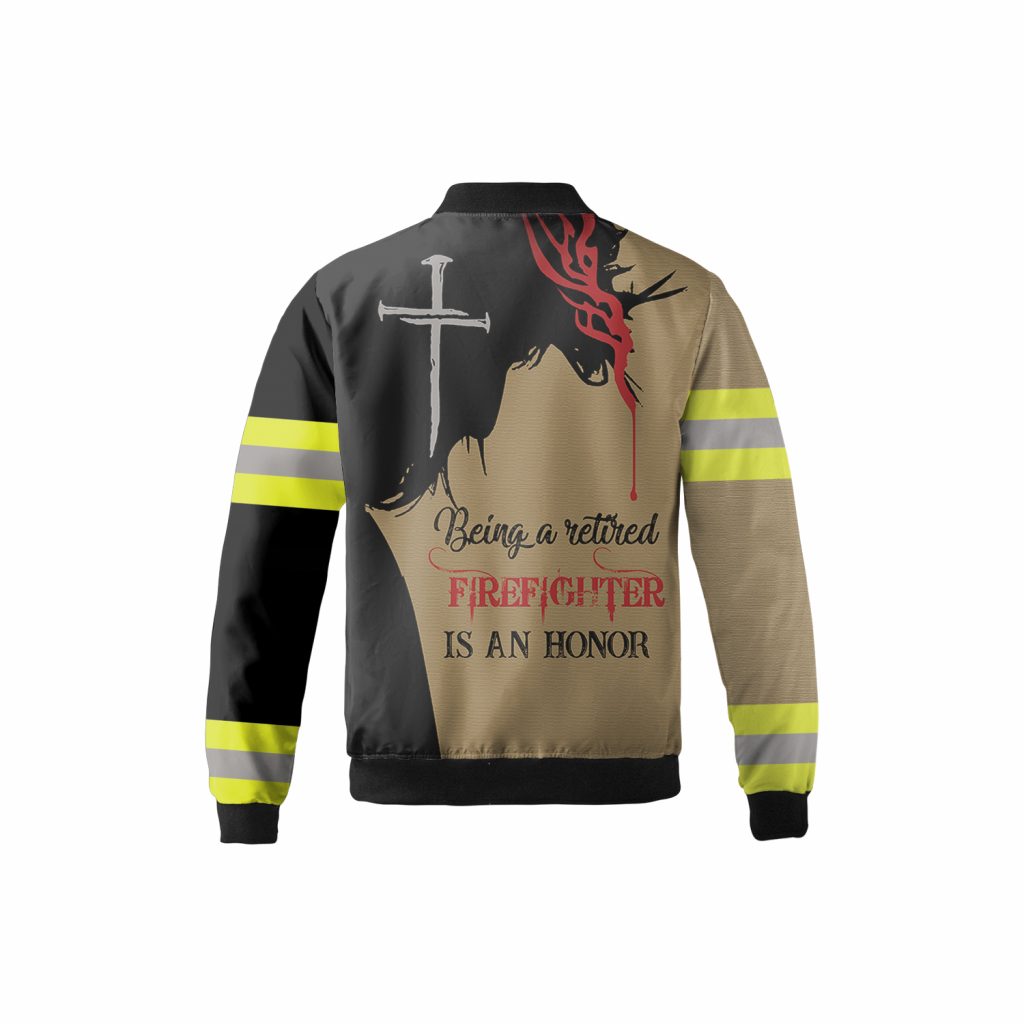 Retired Firefighter Fleece Bomber Jacket Aop Zip-Up, Jesus Bomber Jacket, Christian Shirt, Proud Fireman Shirt, Retirement Gift For Firemen, Gift For Christians