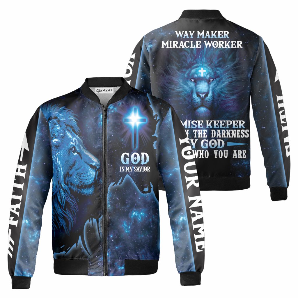 Custom Name Faith God Is My Savior Way Maker Lion Fleece Bomber Jacket Aop Zip-Up, Religious Gift For Christians