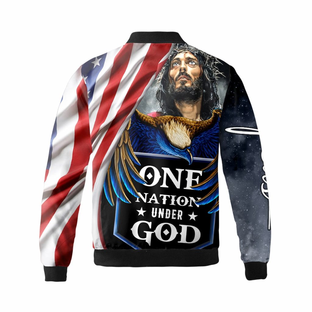 One Nation Under God Eagle America Flag Jesus Fleece Bomber Jacket Aop Zip-Up Gift For Christians