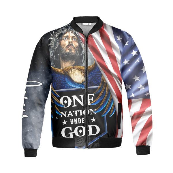 One Nation Under God Eagle America Flag Jesus Fleece Bomber Jacket AOP Zip-up Gift for Christians