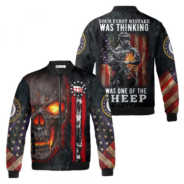 Skull United States Veteran Quilt Bomber Jacket AOP Zip-up, America Flag Proud U.S Veteran Shirt