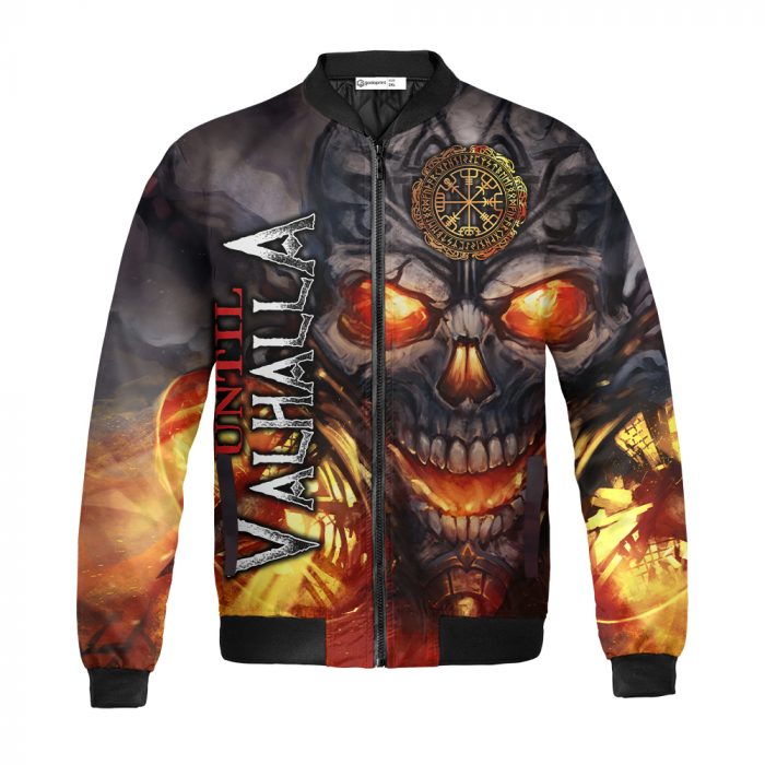 Fire Skull Viking Quilt Bomber Jacket Aop Zip-Up, Heathen Skull Shirt Flame Pattern, Valhalla Viking Shirt
