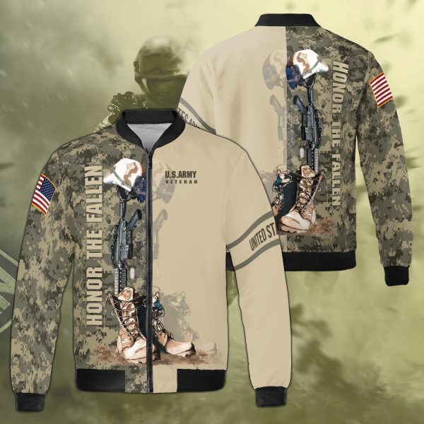 US Army Veteran Honor The Fallen Military Boot Camo Dad Veteran Fleece Bomber Jacket