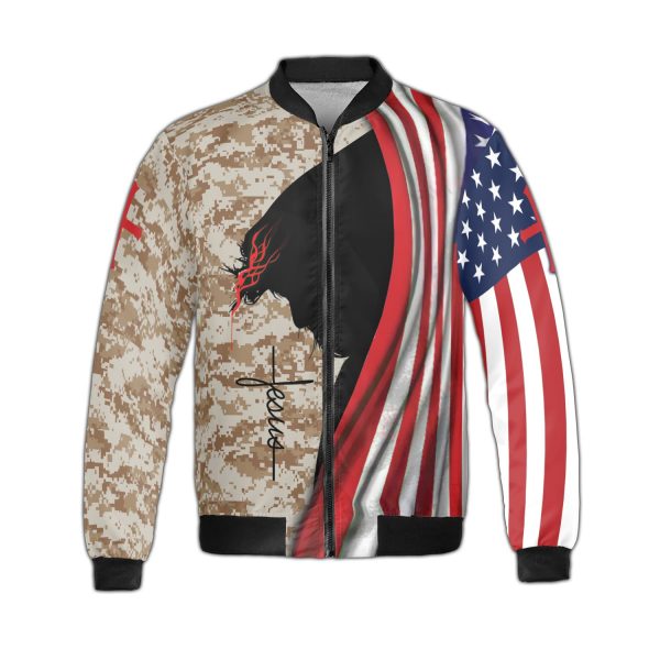 United States Marines Jesus Cross Camo Veteran Military American Flag Fleece Bomber Jacket