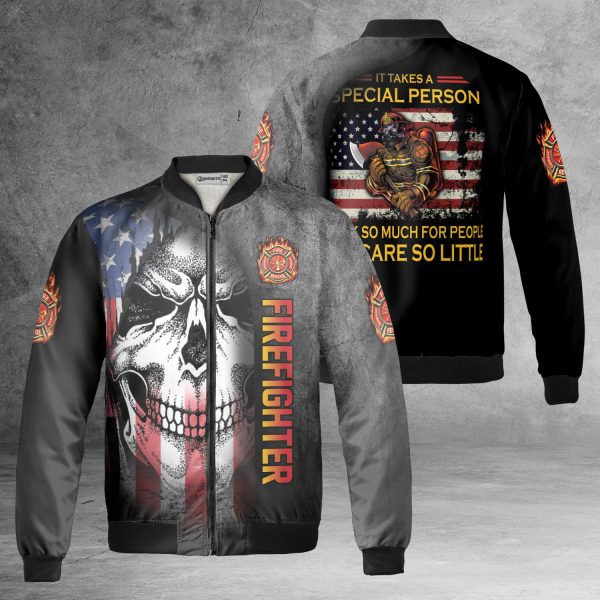 US Flag Firefighter Skull Logo Fleece Bomber Jacket