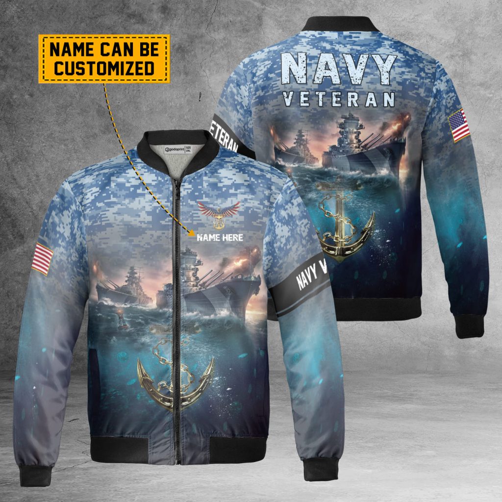 Personalized Name Navy Veteran Sea ​Bbattleship Fleece Bomber Jacket