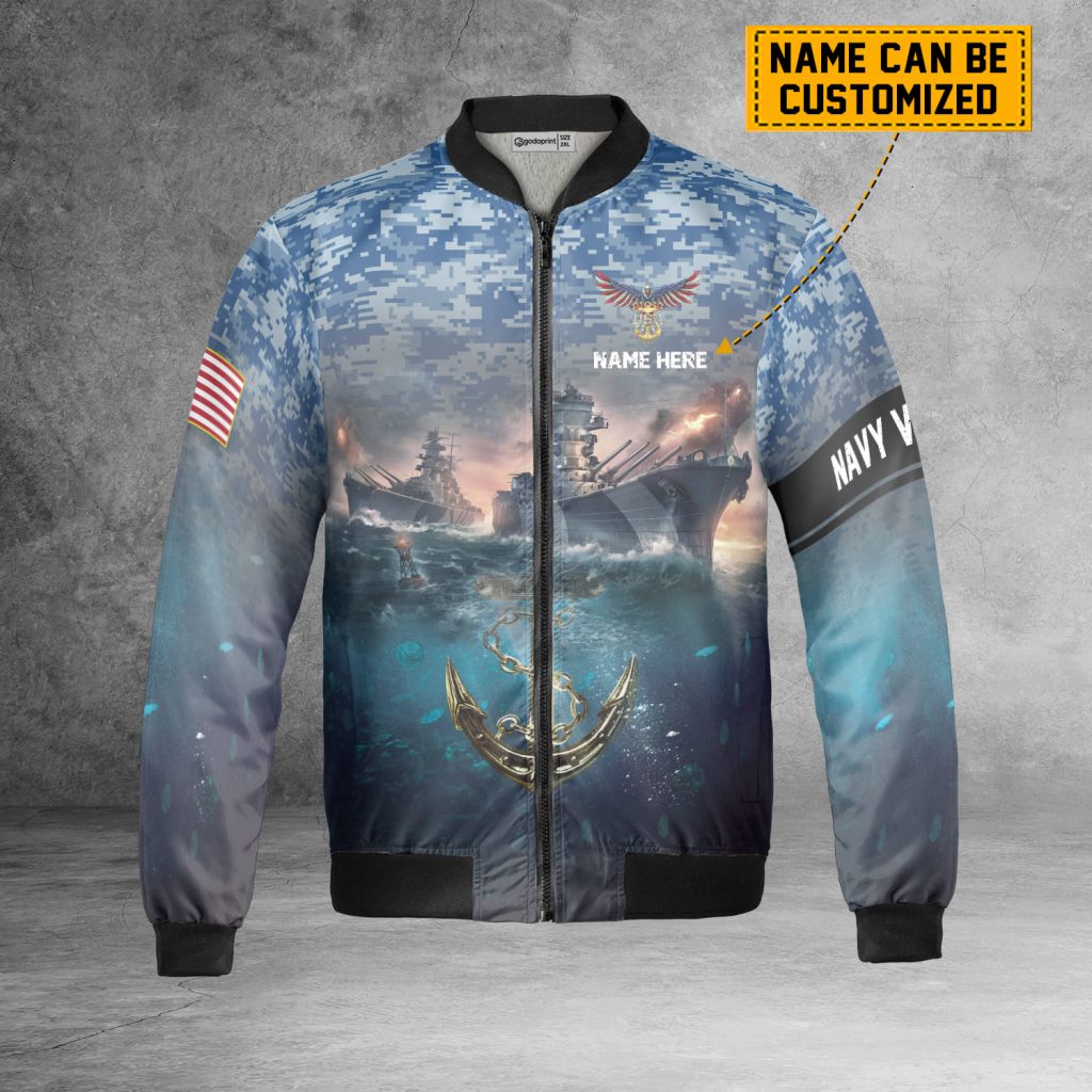 Personalized Name Navy Veteran Sea ​Bbattleship Fleece Bomber Jacket