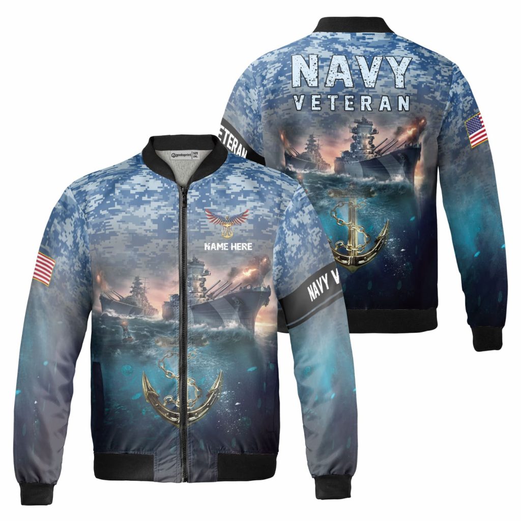 Personalized Name Navy Veteran Sea ​Bbattleship Fleece Bomber Jacket