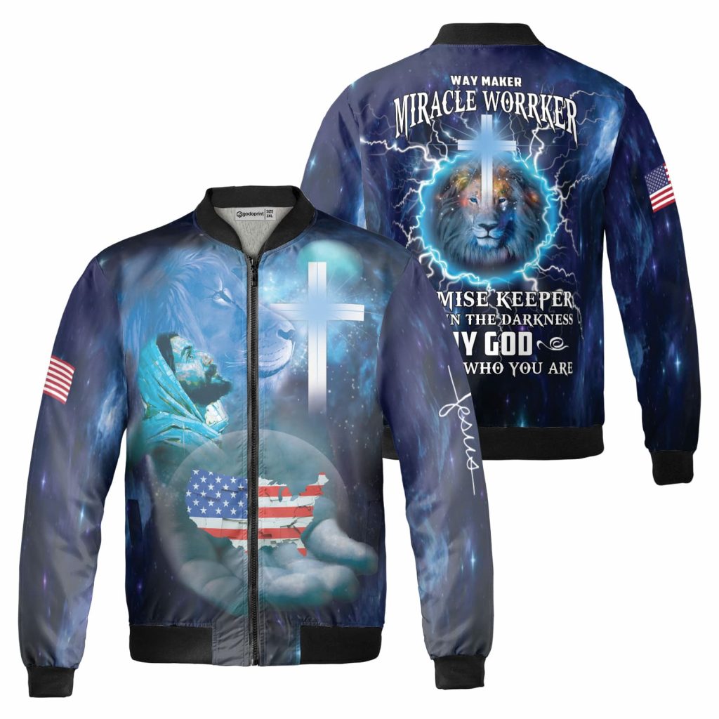 Jesus And Lion One Nation Under God Galaxy Fleece Bomber Jacket