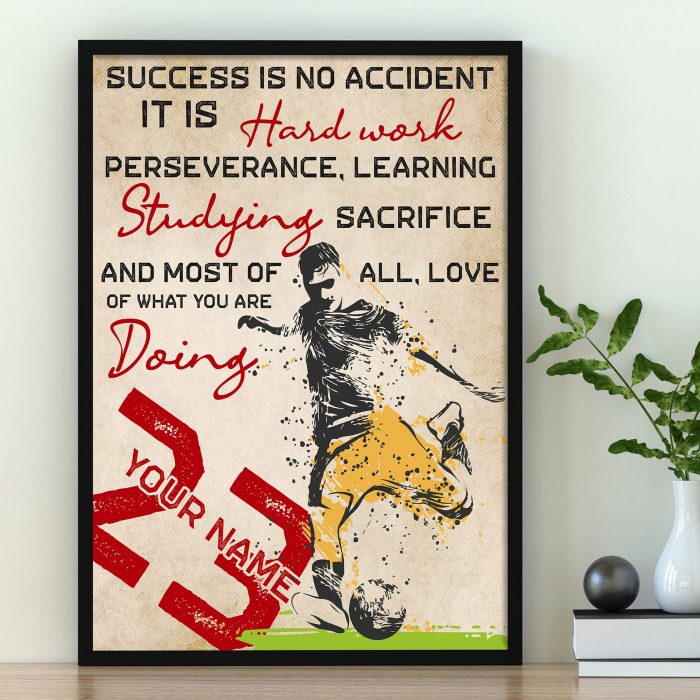 Personalized Name Number Soccer Poster, Success Is No Accident Inspirational Gift For Soccer Player Sports Lover, Soccer Wall Art Print Boy’S Bedroom Decor Unframed