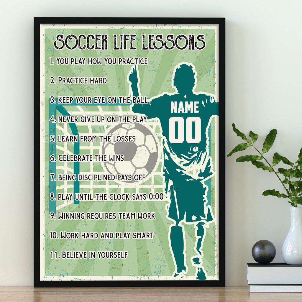 Personalized Name Number Soccer Poster, Soccer Life Lessons Poster Gift For Soccer Player Sports Fan, Soccer Wall Art Print Boy’S Bedroom Home Decor Unframed