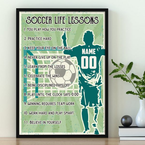 Personalized Name Number Soccer Poster, Soccer Life Lessons Poster Gift for Soccer Player America Soccer Wall Art Print Boy’s Bedroom Home Decor Unframed