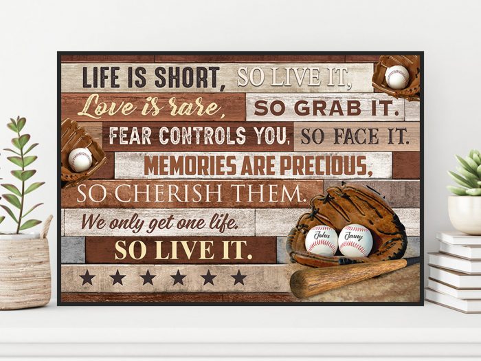 Personalized Number + Name Baseball Couple Players Poster Life Is Short Love It Grab It