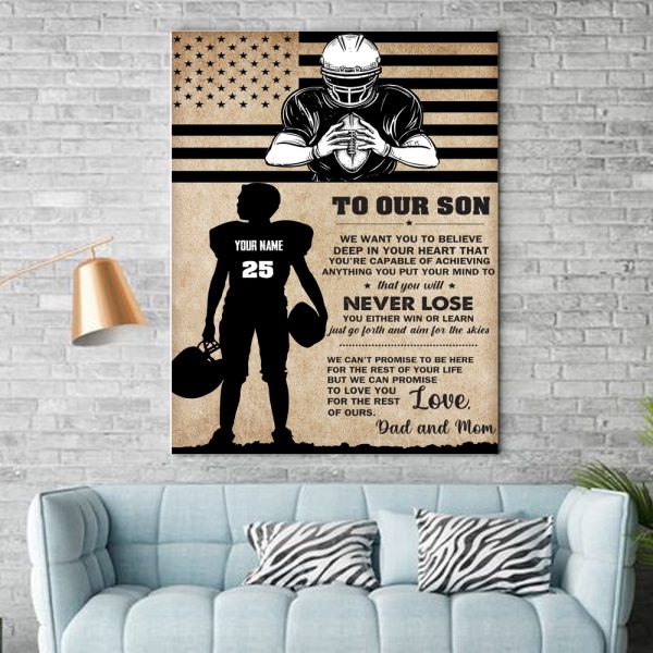 Customize My Son Football Player Never Lose Vertical Posters Motivation Wall Art Poster Meaningful Gift From Mom Dad
