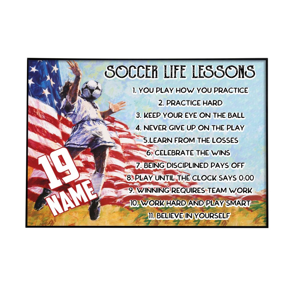 Personalized Name Number Soccer Poster, Soccer Life Lessons Poster Gift For Soccer Player America Soccer Wall Art Print Boy’S Bedroom Home Decor Unframed