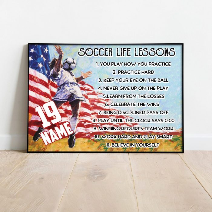 Personalized Name Number Soccer Poster, Soccer Life Lessons Poster Gift For Soccer Player America Soccer Wall Art Print Boy’S Bedroom Home Decor Unframed