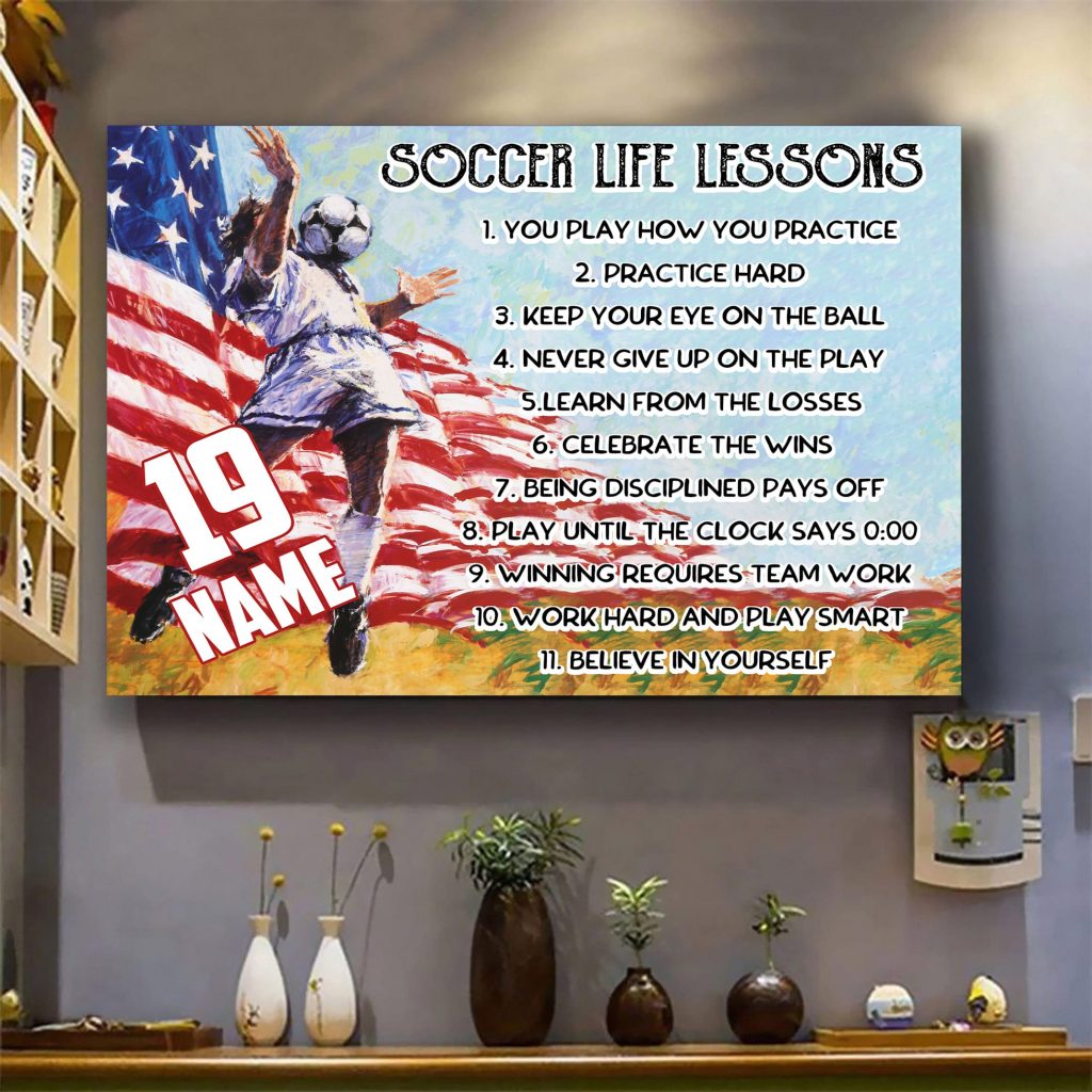 Personalized Name Number Soccer Poster, Soccer Life Lessons Poster Gift For Soccer Player America Soccer Wall Art Print Boy’S Bedroom Home Decor Unframed