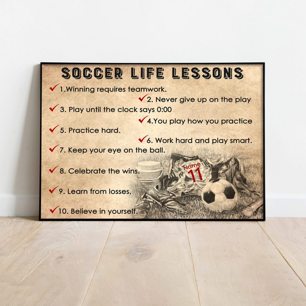 Personalized Name Number Soccer Poster, Soccer Life Lessons Poster Inspirational Gift For Soccer Players, Soccer Wall Art Print Boy’S Bedroom Home Decor