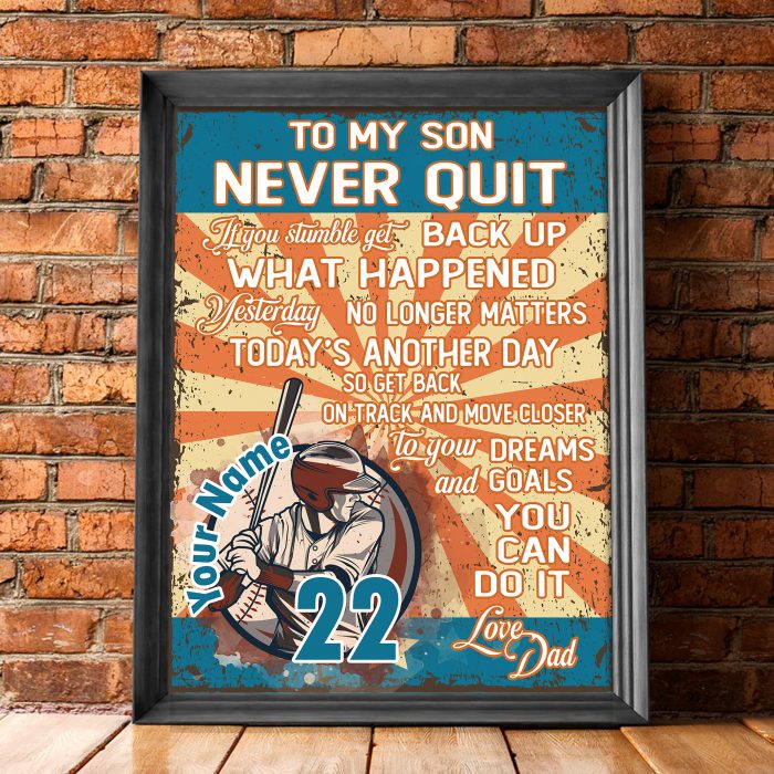 Personalized Baseball Players Never Quit Poster, Motivational Letter From Dad Wall Art, Baseball Lovers Poster, Son Room Decorate, Vertical Unframed Posters