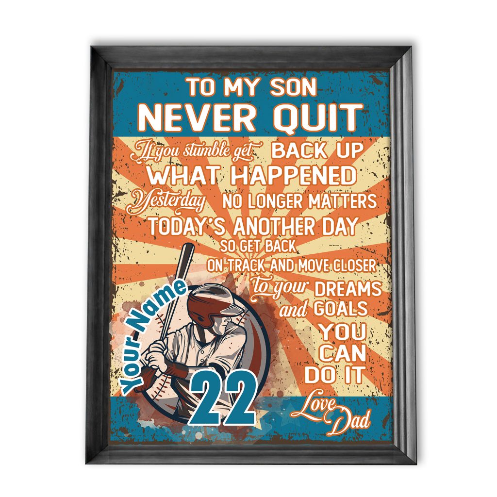 Personalized Baseball Players Never Quit Poster, Motivational Letter From Dad Wall Art, Baseball Lovers Poster, Son Room Decorate, Vertical Unframed Posters