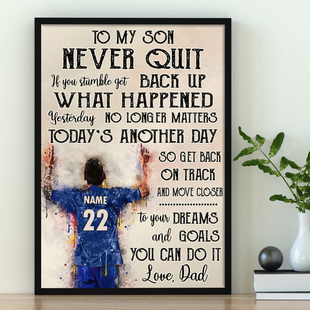 Personalized To My Son Love Soccer Players Poster, Inspirational Saying To Son Wall Art, Dorm Room Boy Room Decorate, Premium Vertical Unframed Posters