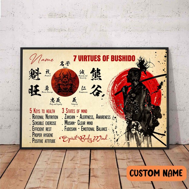 Samurai Warrior 7 Virtues Of Bushido Poster, Japanese Samurai Spirit Body Mind Wall Art,