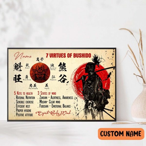 Samurai Warrior 7 Virtues Of Bushido Poster, Japanese Samurai Spirit Body Mind Wall Art,