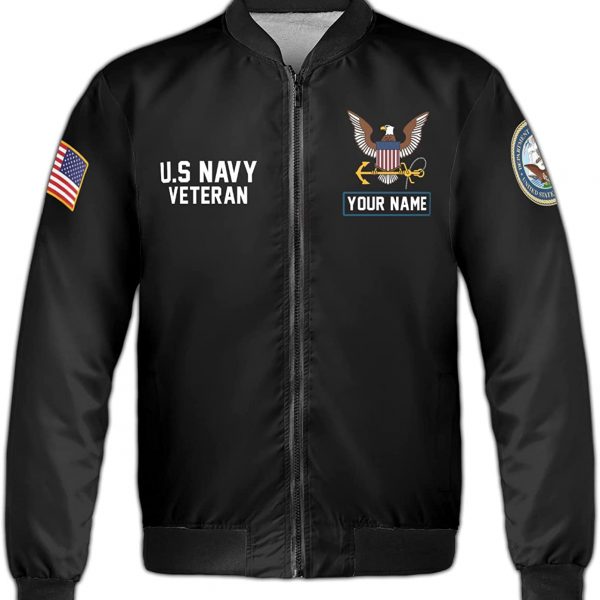 Personalized U.S Navy Veteran Fleece Bomber Jacket AOP with Zip, Proud Veteran Shirt, Anchor Navy Shirt, Military Army Gift