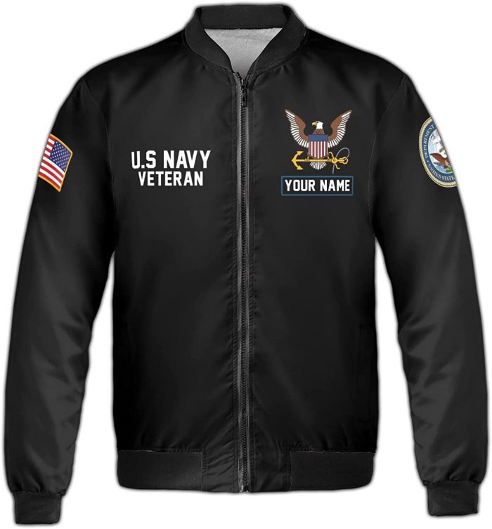 Personalized U.s Navy Veteran Fleece Bomber Jacket Aop With Zip, Proud Veteran Shirt, Anchor Navy Shirt, Military Army Gift