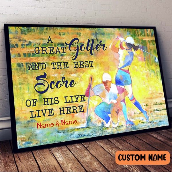 Personalized Golf Couple Golfer Live Here Poster Colorful Sports Wall Art Style Home Decor