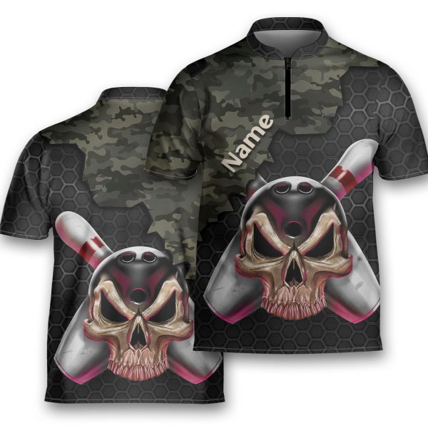 Custom Name Skull Camouflage Short Sleeve Bowler Bowling Jersey Polo Shirt