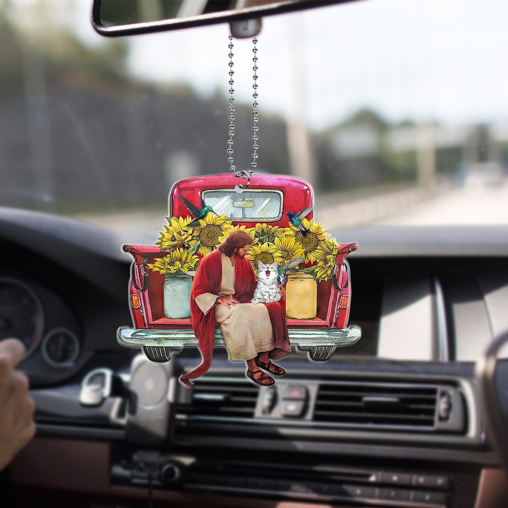 Red Truck Bring Sunflowers Jesus With Cat Car Ornament Christmas Tree Hangging