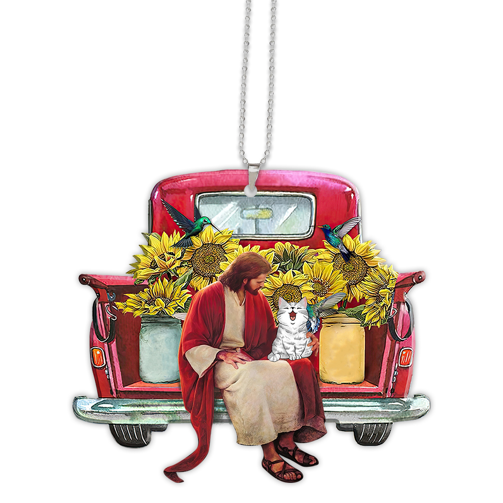 Red Truck Bring Sunflowers Jesus With Cat Car Ornament Christmas Tree Hangging
