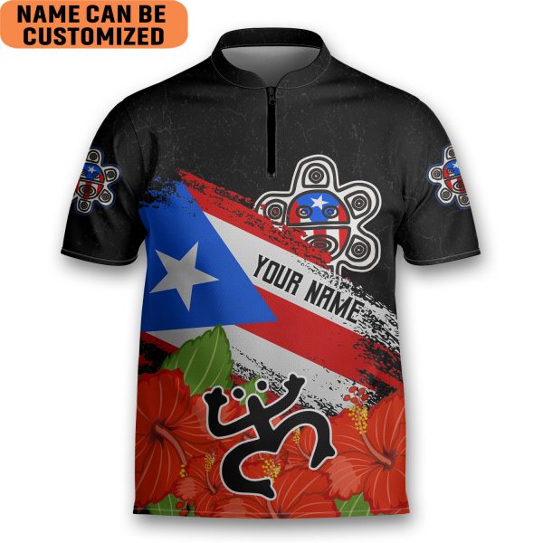 Customize Name Skull Floral Puerto Rico AOP Bowling Jersey Style Polo Zipper Shirt